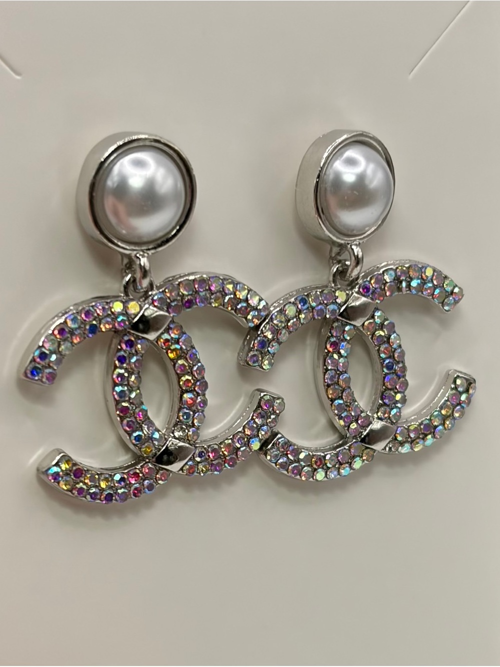 Iridescent Crystal Monogram Drop Earrings - Silver Pearl Accent - Picture 2 of 4